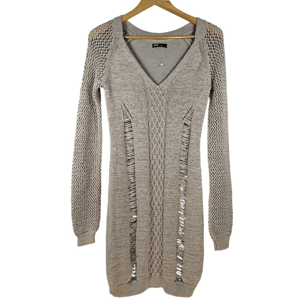 BDB David &‎ Bittion Beige Knit Dress Distressed Cutout V Neck Long Sleeve L/G